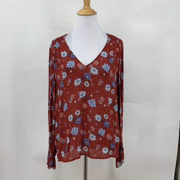 Lucky Brand Blouse Women M Rust Multi Floral Shirred Shoulder V Neck Long Sleeve - Picture 2 of 13